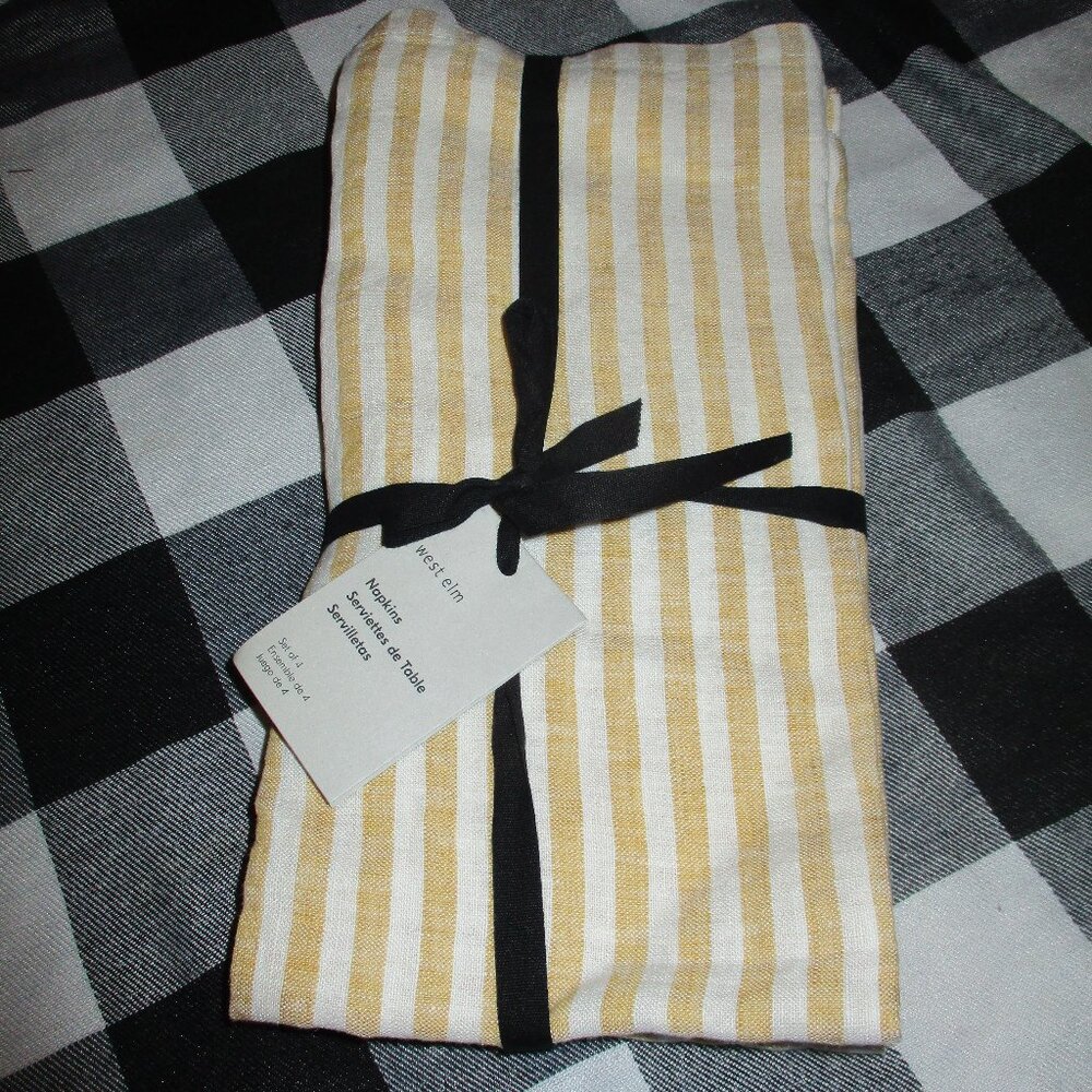 West Elm set of four Mustard yellow and white stripe linen cloth napkins